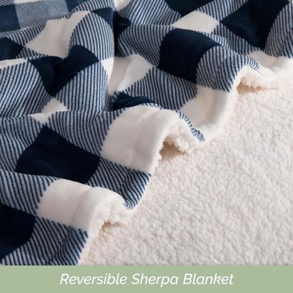 Elegant Comfort Ultra Soft Reversible Buffalo Plaid Flannel Sherpa Blanket - Cozy Silky Checkered Fleece Throw for Couch, Bed - Plush Fuzzy Warm Winter Blanket for Gift, Queen, Navy