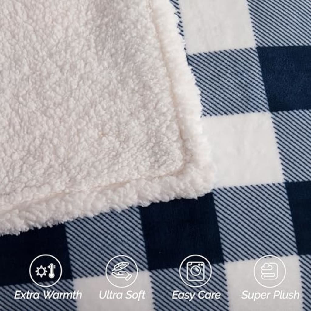 Elegant Comfort Ultra Soft Reversible Buffalo Plaid Flannel Sherpa Blanket - Cozy Silky Checkered Fleece Throw for Couch, Bed - Plush Fuzzy Warm Winter Blanket for Gift, Queen, Navy