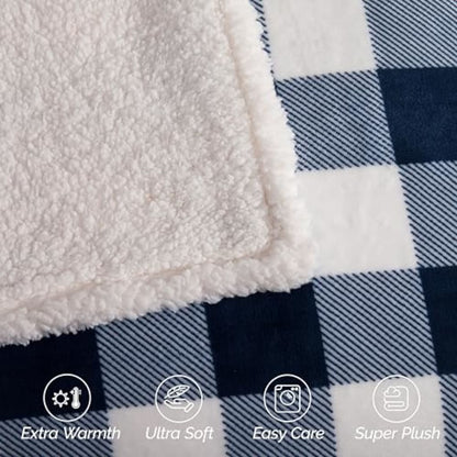 Elegant Comfort Ultra Soft Reversible Buffalo Plaid Flannel Sherpa Blanket - Cozy Silky Checkered Fleece Throw for Couch, Bed - Plush Fuzzy Warm Winter Blanket for Gift, Queen, Navy